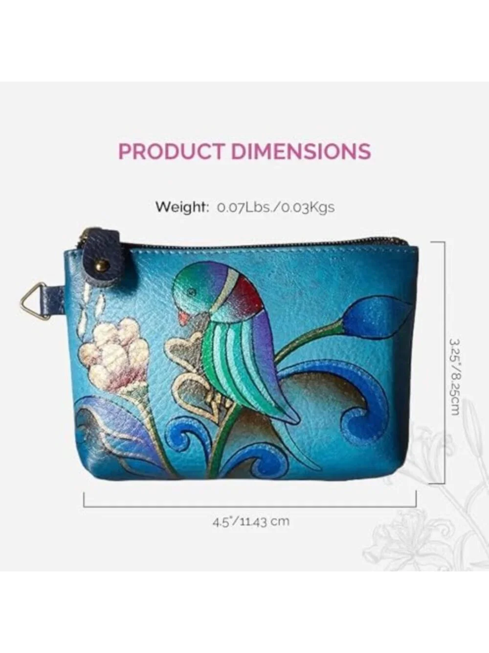 Hand Painted Genuine Leather Coin Pouch - Colorful Parrot Design, Denim Style